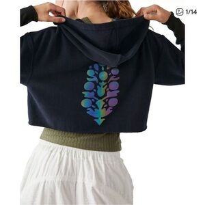 Free People Black Cropped Hoodie with Iridescent Leaf Print